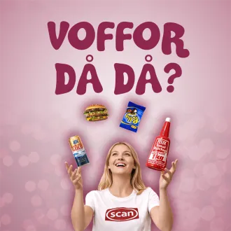 Omslagsbild för avsnitt 54 av podden Voffor Då Då med en bild på en tjej som jonglerar lite olika produkter - öl, hamburgare, godis och ketchup